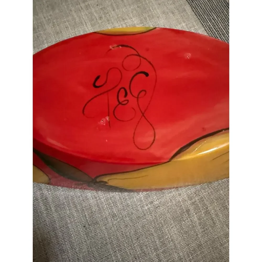 Hand-Painted Ceramic Fruit Bowl – Black w/ Yellow Polka Dots Pears Red– Signed